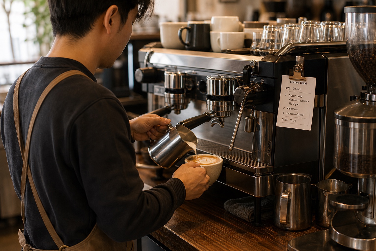 A barista making a latte with the preparation ticket beside the espresso machine