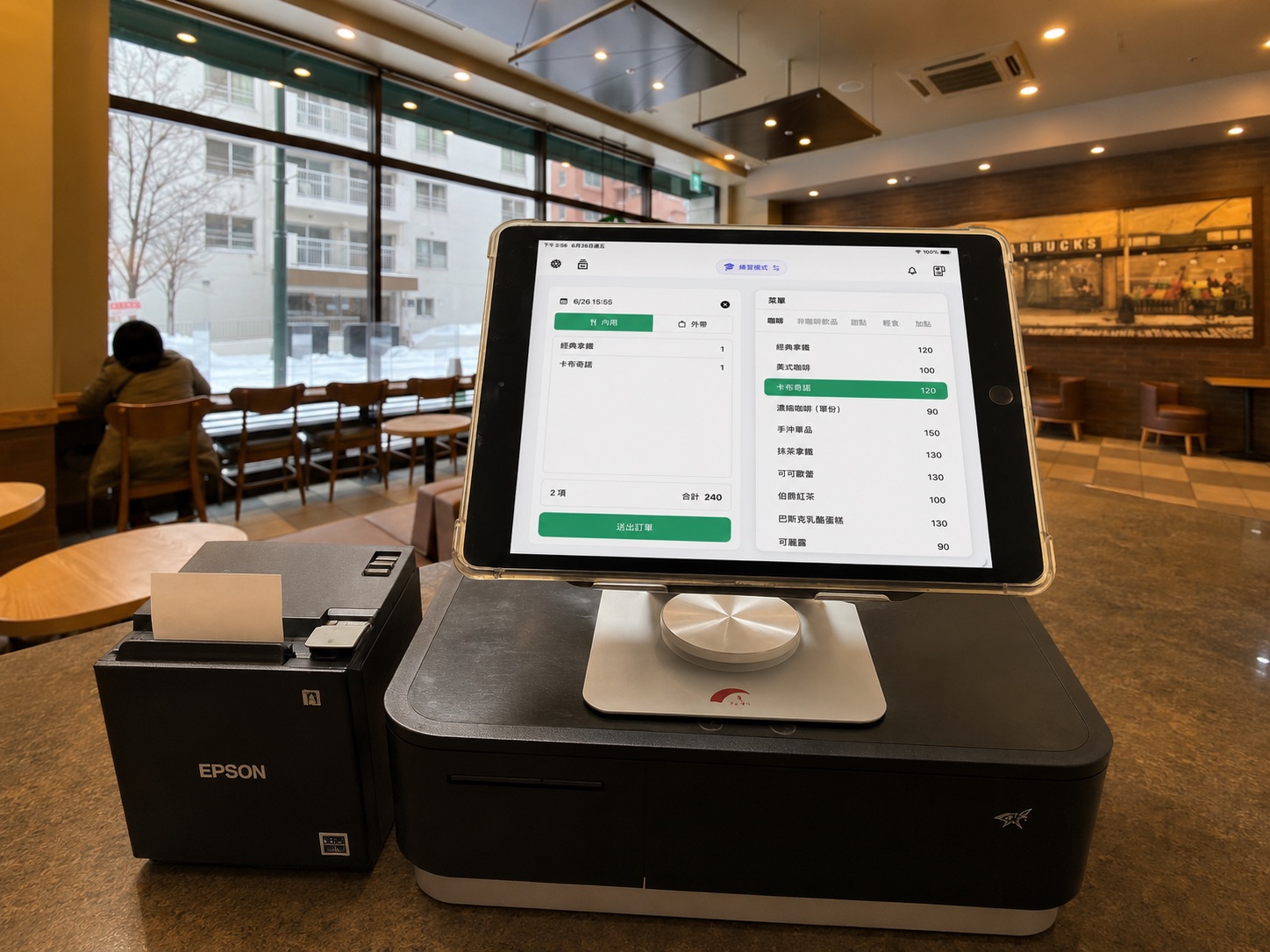 Slip POS running on an iPad beside a receipt printer at a cafe counter
