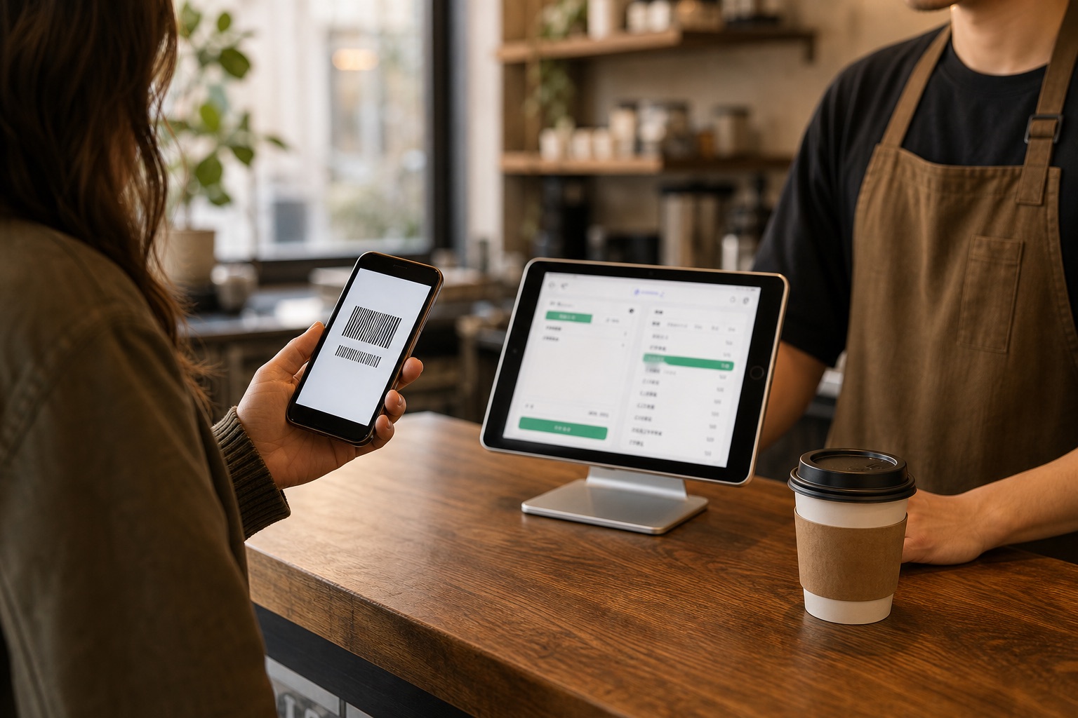 A customer presenting a mobile barcode beside the cafe checkout iPad