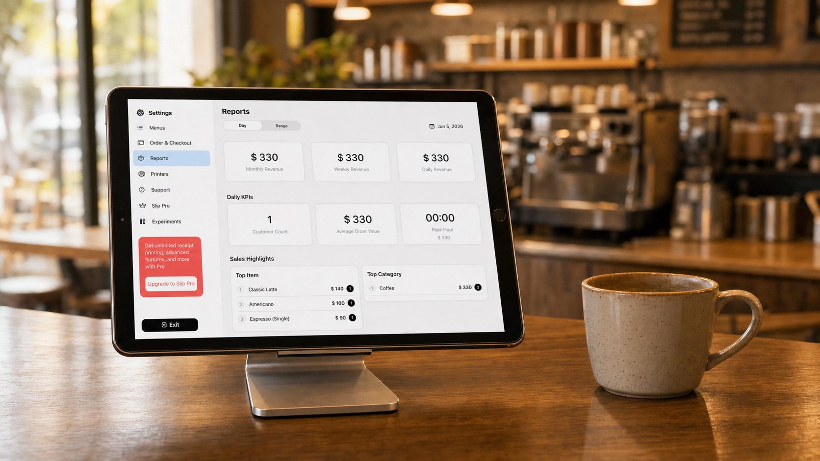 Slip POS daily reports displayed on an iPad at closing time