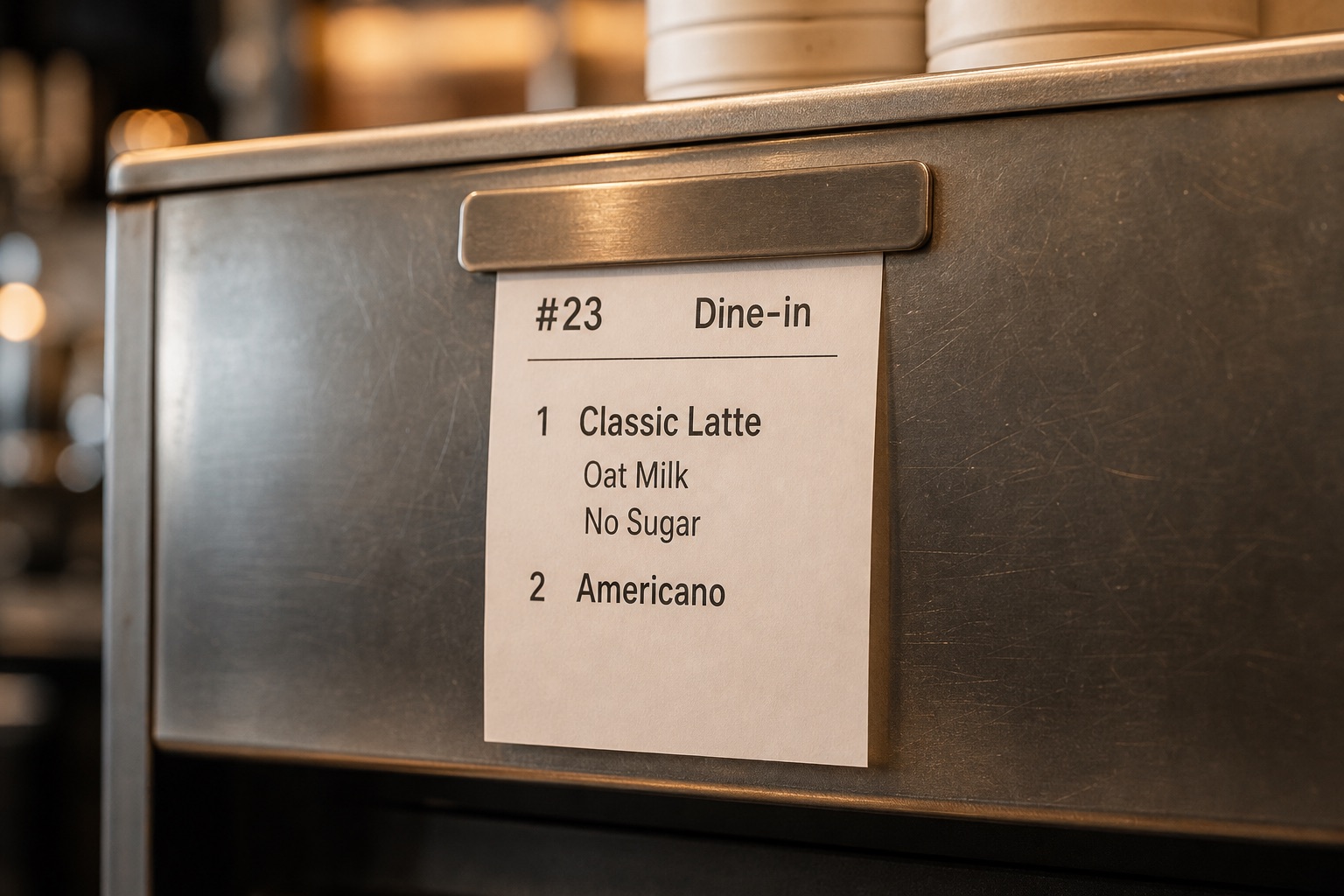 A close view of the printed drink ticket at the coffee station