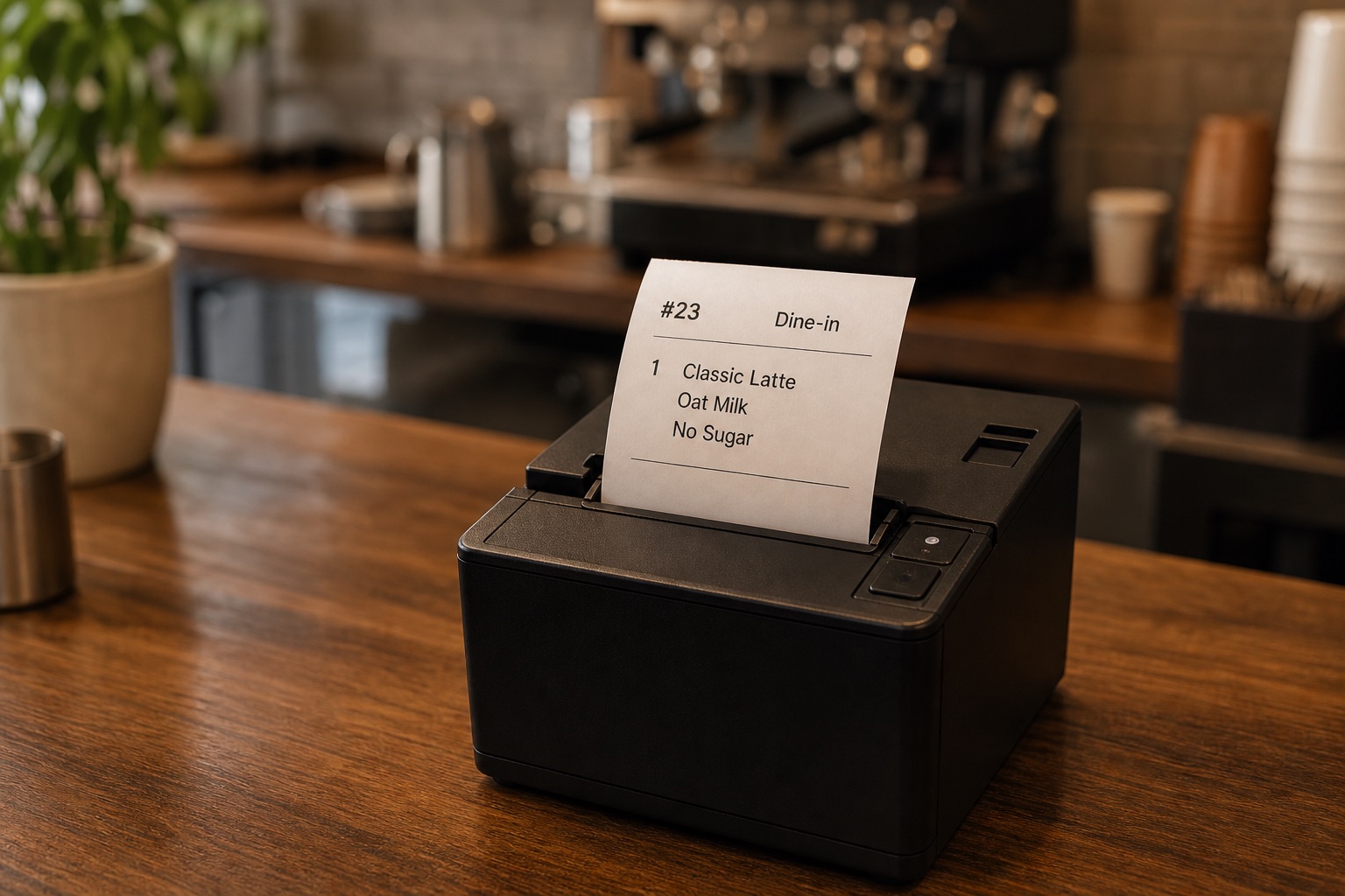 A thermal printer producing a cafe drink preparation ticket