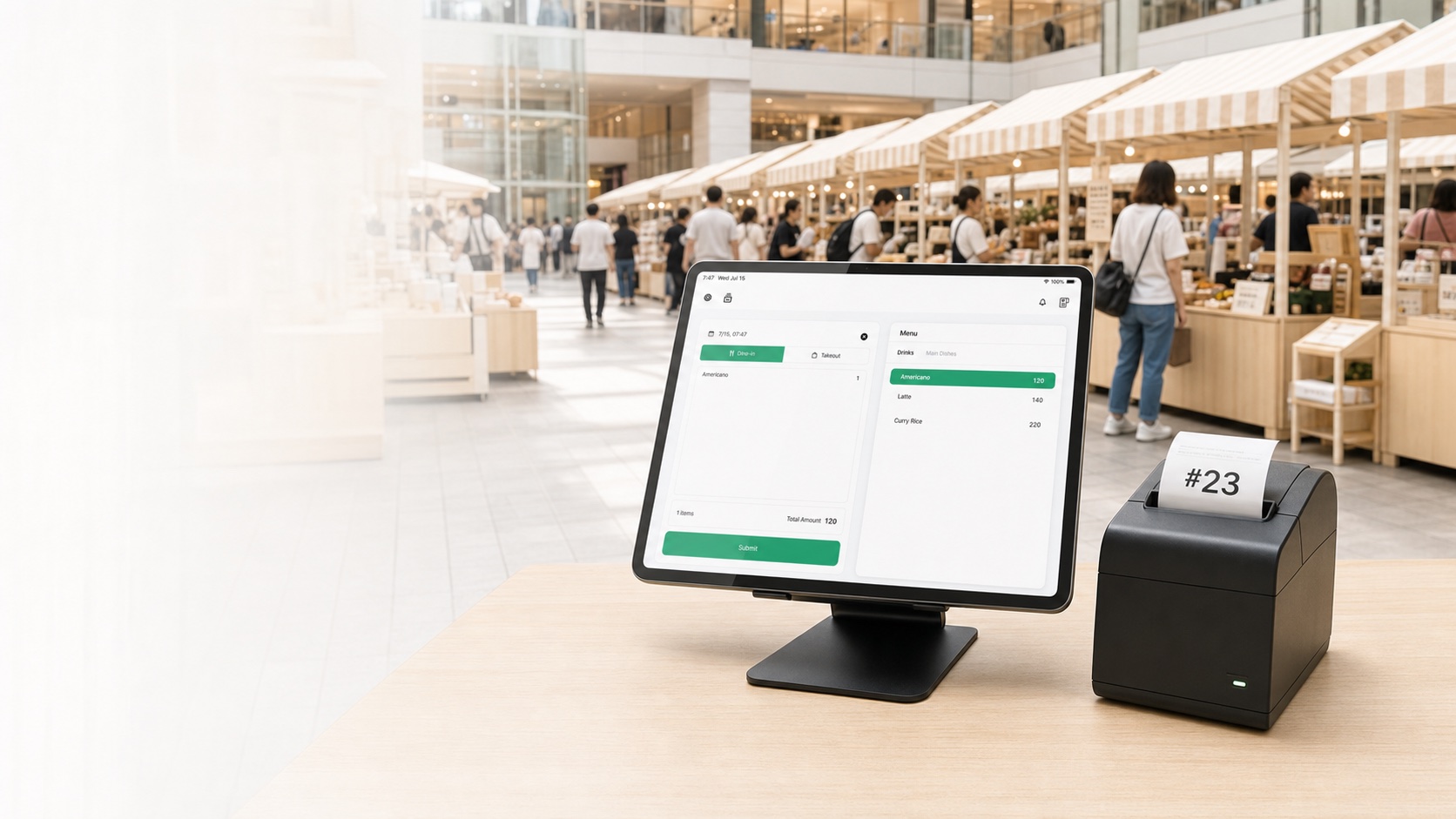 屋内ポップアップマーケットで、Slip POS の iPad 横のプリンターから注文番号 23 の伝票が出ている様子