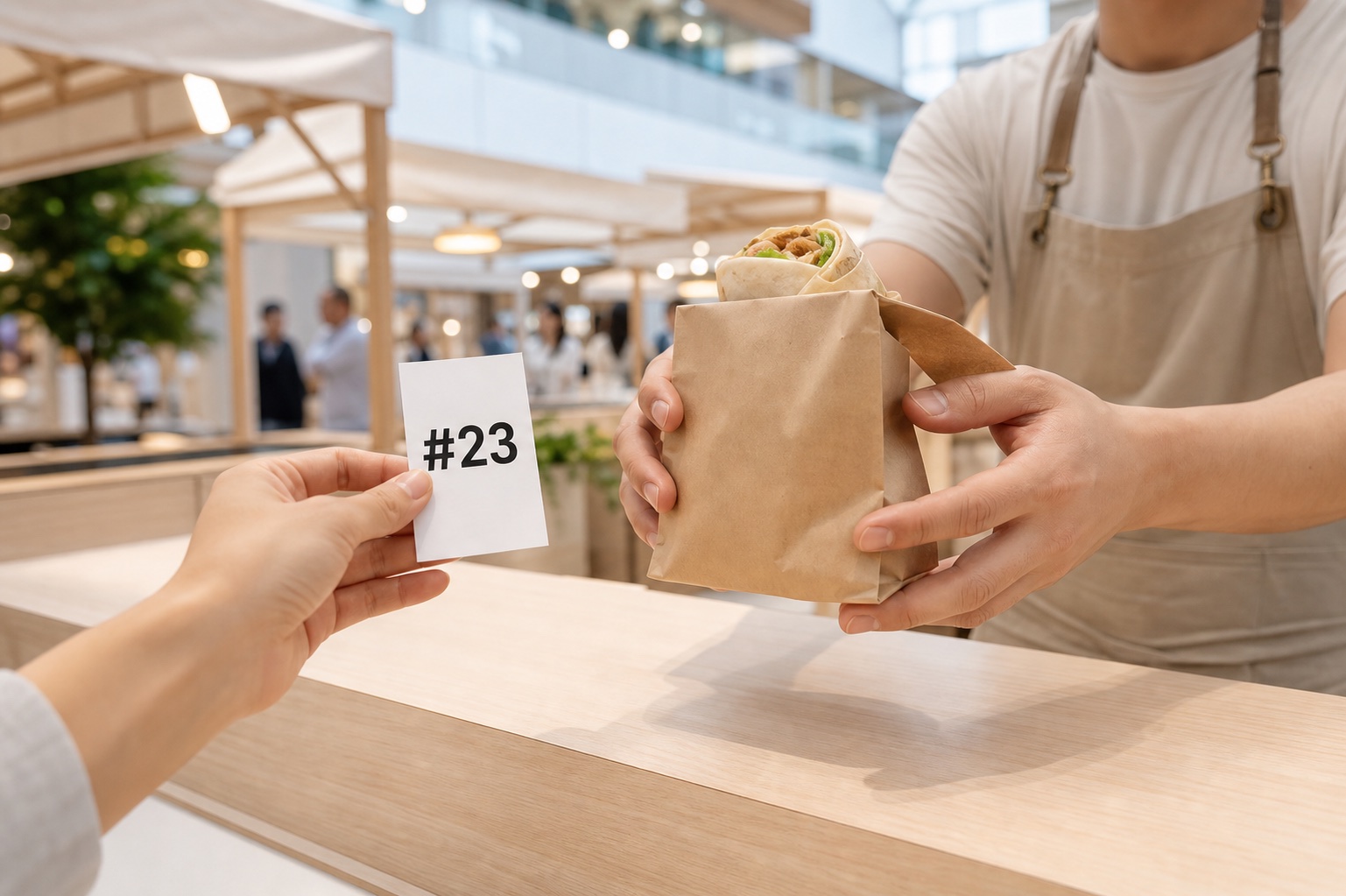 お客様が注文番号 23 を提示し、屋台スタッフが商品を手渡す様子