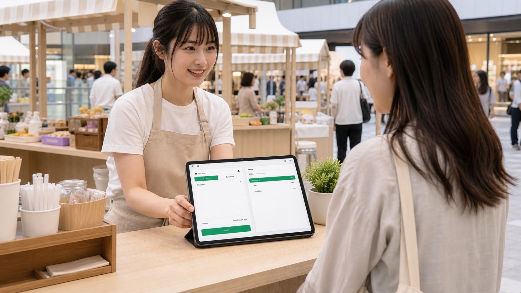 ポップアップマーケットのスタッフが実際の Slip POS iPad 画面で注文を受ける様子