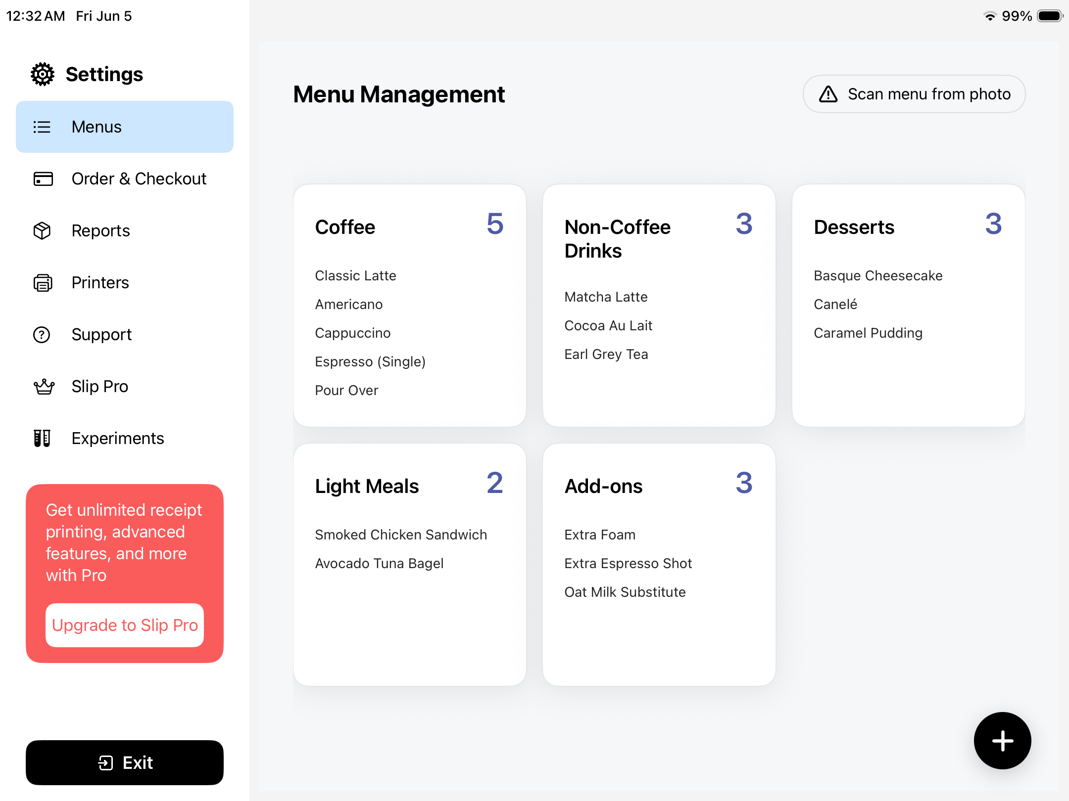 Slip POS menu management screen showing menu categories and item counts